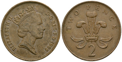 Великобритания 2 пенса 1988 Елизавета II (1952-2022) KM 936, Spink 4376 (C3) бронза 4167-535