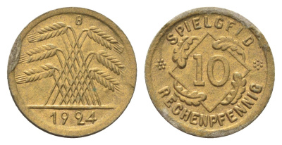 Германия игровой жетон в 10 рентенпфеннигов 1924 диаметр 21 мм, вес 0,3 гр картон 4702-1021