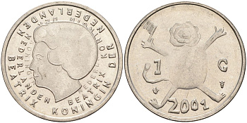 Нидерланды 1 гульден 2001 прощай гульден, детский рисунок, лев с флагом в руках KM 233 никель 65-736