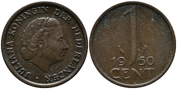 НИДЕРЛАНДЫ 1 ЦЕНТ 1950 ЮЛИАНА KM 180 бронза 80-743