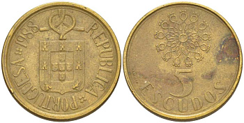 ПОРТУГАЛИЯ 5 ЭСКУДО 1988 KM 632 никель латунь 4513-1121