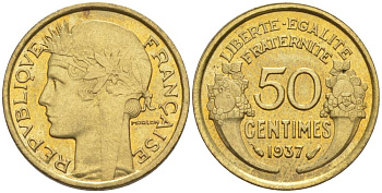 ФРАНЦИЯ 50 САНТИМОВ 1937 ТИП MORLON KM 894.1, LE FRANC 192.13 алюминиевая бронза 44-745