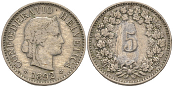 ШВЕЙЦАРИЯ 5 РАППЕНОВ 1892 B KM 26 медно-никель 188-357