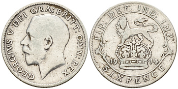 Великобритания 6 пенсов 1914 Георг V (1910-1936) KM 815, Spink 4014 серебро    4602-622