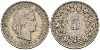ШВЕЙЦАРИЯ 5 РАППЕНОВ 1892 B KM 26 медно-никель 188-357