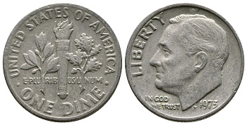 США 10 ЦЕНТОВ = 1 ДАЙМ 1973 РУЗВЕЛЬТ KM 195а медь плакированная медно-никелем 73-646