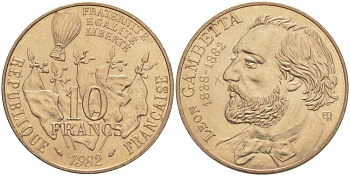 ФРАНЦИЯ 10 ФРАНКОВ 1982 100 ЛЕТ СО ДНЯ СМЕРТИ ЛЕОНА МИШЕЛЯ ГАМБЕТТЫ KM 950, LE FRANC 366.2 никель бронза 215-622