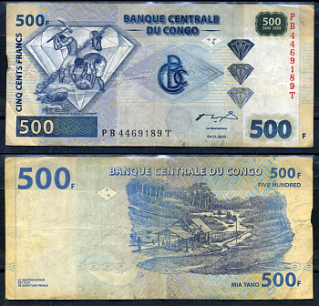 Конго 500 франков 2002 серия PB Pick 96B бумага 8592-19-4-2