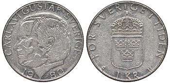 Швеция 1 крона 1980 Карл XVI Густав (1973- ) KM 852 медь плакированная медно-никелем 25-1943