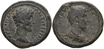 Римская Империя, Провинция Фракия, Перинф AE 161 - 169 Марк Аврелий и Луций Вер, бюсты императоров, 7,16 гр, 23 мм RPC IV online 8664 бронза 1100-4-73