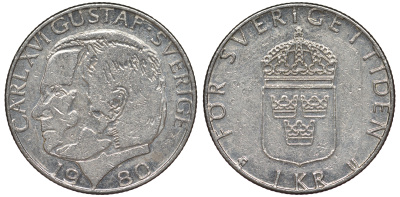 Швеция 1 крона 1980 Карл XVI Густав (1973- ) KM 852 медь плакированная медно-никелем 25-1943