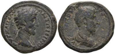 Римская Империя, Провинция Фракия, Перинф AE 161 - 169 Марк Аврелий и Луций Вер, бюсты императоров, 7,16 гр, 23 мм RPC IV online 8664 бронза 1100-4-73