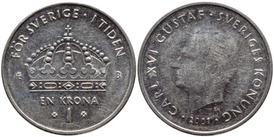Швеция 1 крона 2001 Карл XVI Густав (1973- ) KM 894 медно-никель 4364-2921