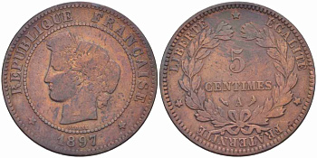ФРАНЦИЯ 5 САНТИМОВ 1897 А, ТРЕТЬЯ РЕСПУБЛИКА (1871-1940) KM 821.1, LE FRANC 118.41 бронза 108-654