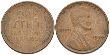 США 1 ЦЕНТ 1954 D, ЛИНКОЛЬН KM А132 медь цинк 218-635