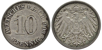 Германия 10 пфеннигов 1903 E KM 12, Jager 13, Weege 8 медно-никель 219-356