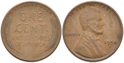 США 1 ЦЕНТ 1954 D, ЛИНКОЛЬН KM А132 медь цинк 218-635