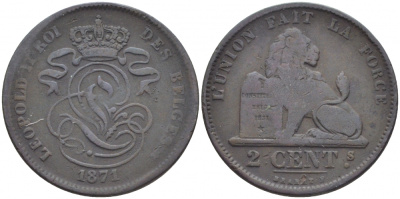БЕЛЬГИЯ 2 САНТИМА 1871 BELGES KM 35.1 медь 4448-632