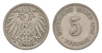 Германия 5 пфеннигов 1905 F, Вильгельм II (1888-1918) KM 11, J. 12 медно-никель 4636-112