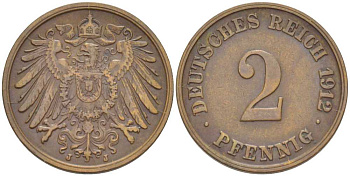 Германия 2 пфеннига 1912 J KM 16, J. 11, Weege 4 медь 206-623