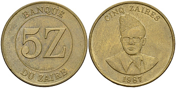 Заир 5 заиров 1987 KM 14 латунь 4591-1056