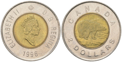 Канада 2 доллара 1996 Елизавета II (1952-2022), полярный медведь KM 270 биметалл UNC 190-737
