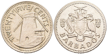 Барбадос 25 центов 1973 ветряная мельница Моргана Льюиса KM 13 медно-никель 4575-1211