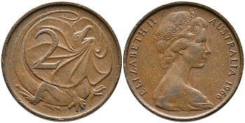 Австралия 2 цента 1966 Елизавета II (1952-), плащеносная ящерица KM 63 бронза 3336-743