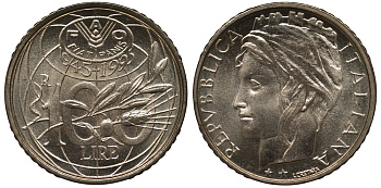 Италия 100 лир 1995 R, FAO, 50 лет организации KM 180 медно-никель UNC M22-06