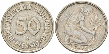 ФРГ 50 ПФЕННИГОВ 1950 G KM 109.1, J. 384 медно-никель 112-954