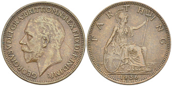 Великобритания 1 фартинг 1936 Георг V (1910-1936) KM 825, Spink 4061 бронза 4543-1112