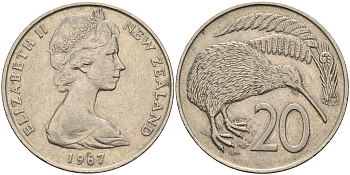 Новая Зеландия 20 центов 1967 Елизавета II (1952-2022), птичка киви KM 36.1 медно-никель  4599-612