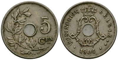 Бельгия 5 сантимов 1904 Belgie KM 55 медно-никель 4173-117