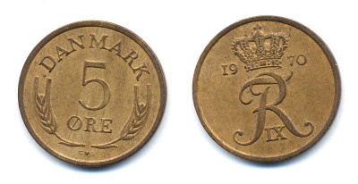 ДАНИЯ 5 ЭРЕ 1970 C; S, ФРЕДЕРИК IX (1947-1972) KM 848.1 бронза UNC 51-4341