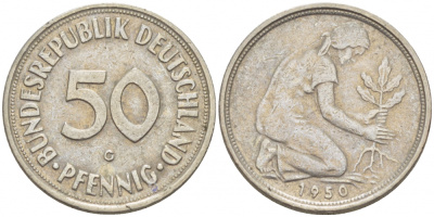 ФРГ 50 ПФЕННИГОВ 1950 G KM 109.1, J. 384 медно-никель 112-954