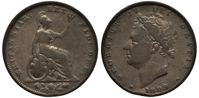 Великобритания 1 фартинг 1829 Георг IV (1820-1830) KM 697, Spink 3825 медь 106-835