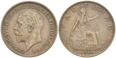 Великобритания 1 фартинг 1936 Георг V (1910-1936) KM 825, Spink 4061 бронза 4543-1112