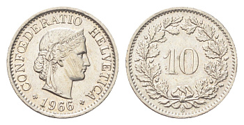 Швейцария 10 раппенов 1966 B KM 27 медно-никель 4708-215