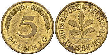 ФРГ 5 пфеннигов 1988 F KM 107, J.382 сталь плакированная латунью 4115-1232