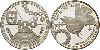 Португалия 100 эскудо 1990 серия золотой век португальских открытий, навигация по звездам KM 649а серебро PROOF 1081-4-23