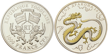 Того 1000 франков 2012 год дракона, позолота, в оригинальной коробке, сертификат KM NEW серебро  PROOF  8-1-07-02