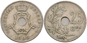 Бельгия 25 сантимов 1908 Belgie KM 63 медно-никель 25-1845