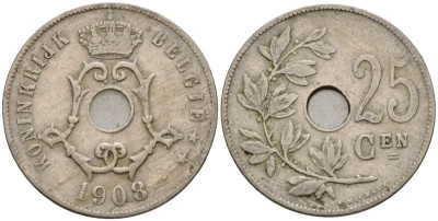 Бельгия 25 сантимов 1908 Belgie KM 63 медно-никель 25-1845