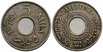 Израиль, Палестина 5 милсов 1935 Британская администрация KM 3 медно-никель 4551-1227
