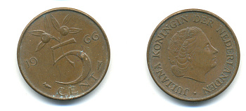 НИДЕРЛАНДЫ 5 ЦЕНТОВ 1966 ЮЛИАНА KM 181 бронза 83-847