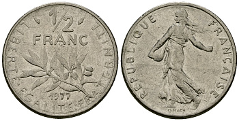Франция 1/2 франка 1977 сеятель KM 931 никель 4135-722