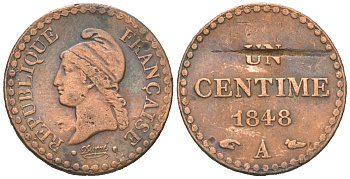 Франция 1 сантим 1848 A KM 754 бронза 4615-637