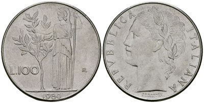 Италия 100 лир 1980 KM 96.1 нержавеющая сталь 4165-1034