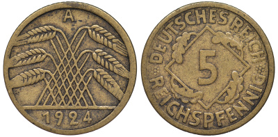 Германия 5 рейхспфеннигов 1924 A KM 39, J. 316 алюминиевая бронза 4602-1231