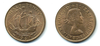 Великобритания 1/2 пенни 1967 Елизавета II (1952-2022) KM 896, Spink 4158 бронза UNC 4110-516